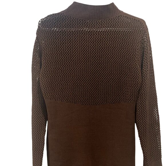 Zara Chocolate Brown Knit Sweater Dress Pointelle Balloon Sleeve Mini Size L - Picture 9 of 11